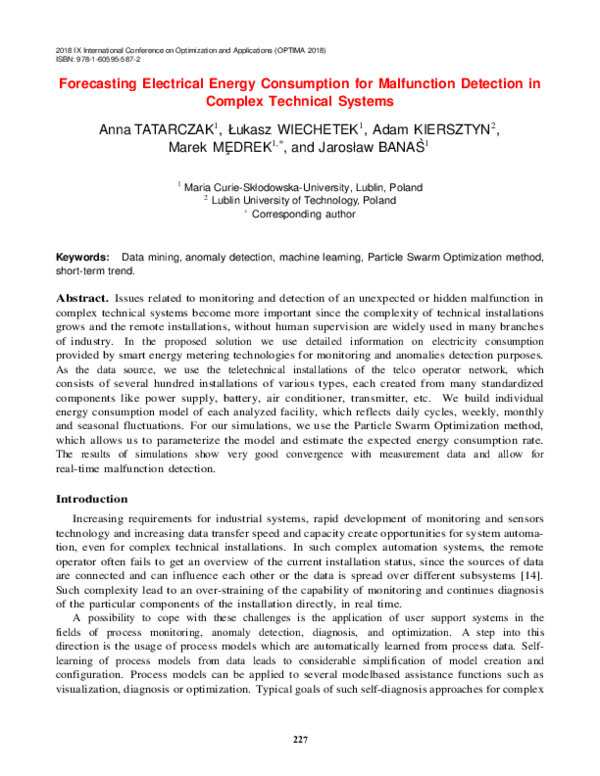 (PDF) Forecasting Electrical Energy Consumption for Malfunction ...