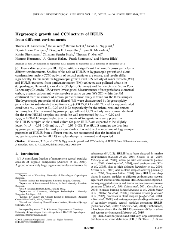 (PDF) Hygroscopic growth and CCN activity of HULIS from different ...