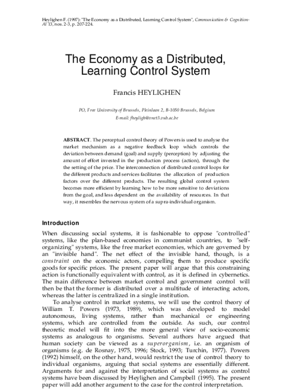 (PDF) The Economy as a Distributed, Learning Control System Francis
