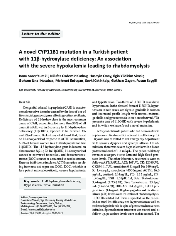 (PDF) A novel CYP11B1 mutation in a Turkish patient with 11β ...