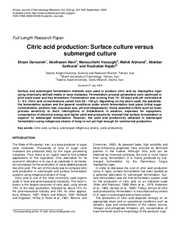 (PDF) Citric acid production: Surface culture versus submerged culture