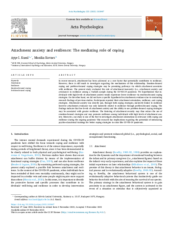(PDF) Attachment anxiety and resilience: The mediating role of coping