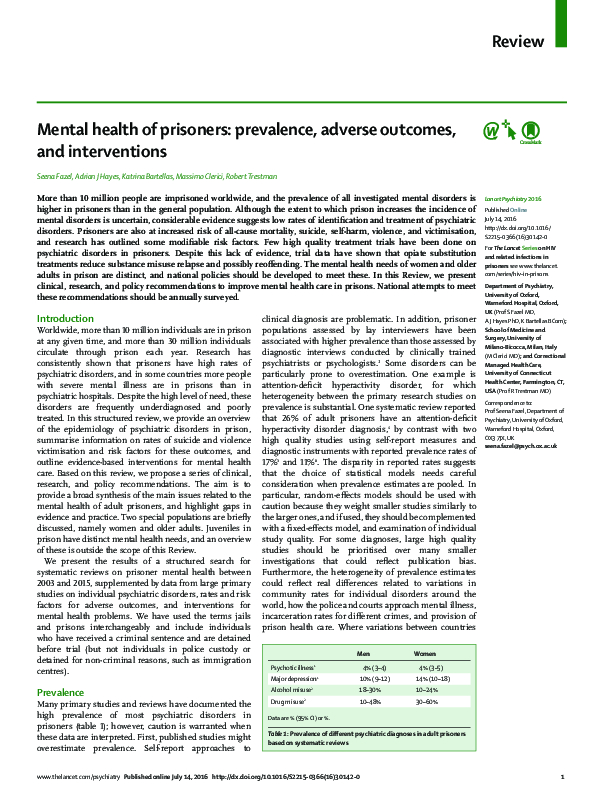 (PDF) Mental health of prisoners: prevalence, adverse outcomes, and ...