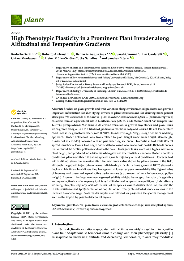 (PDF) High Phenotypic Plasticity in a Prominent Plant Invader along ...
