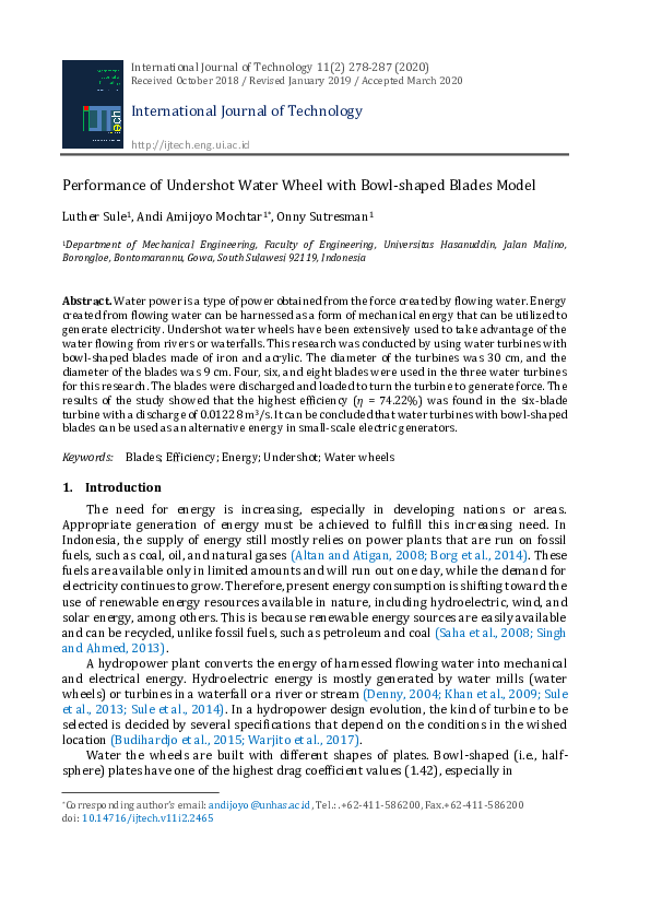 (PDF) Performance of Undershot Water Wheel with Bowl-shaped Blades Model