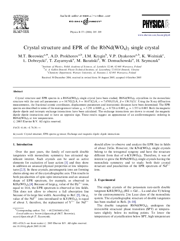 (PDF) Crystal structure and EPR of the RbNd(WO4)2 single crystal ...