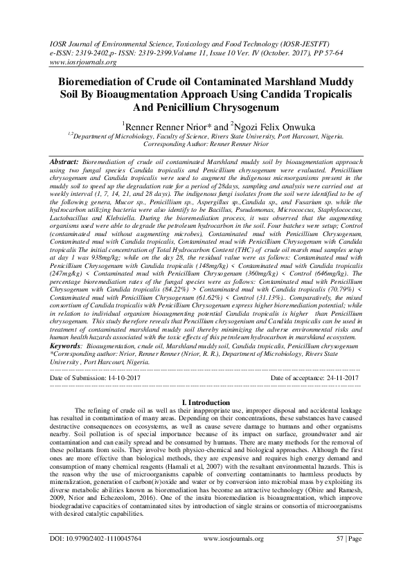 (PDF) Bioremediation of Crude oil Contaminated Marshland Muddy Soil By ...