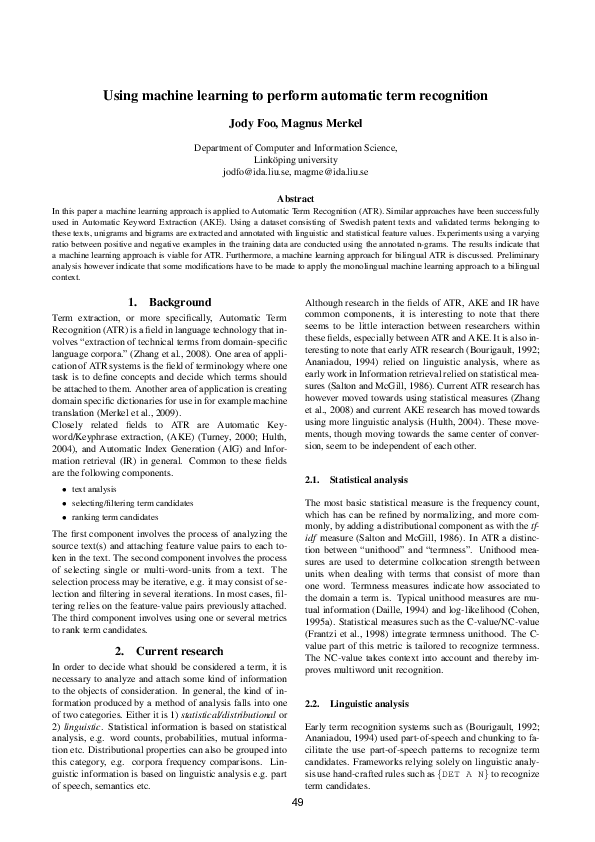 (PDF) Using machine learning to perform automatic term recognition
