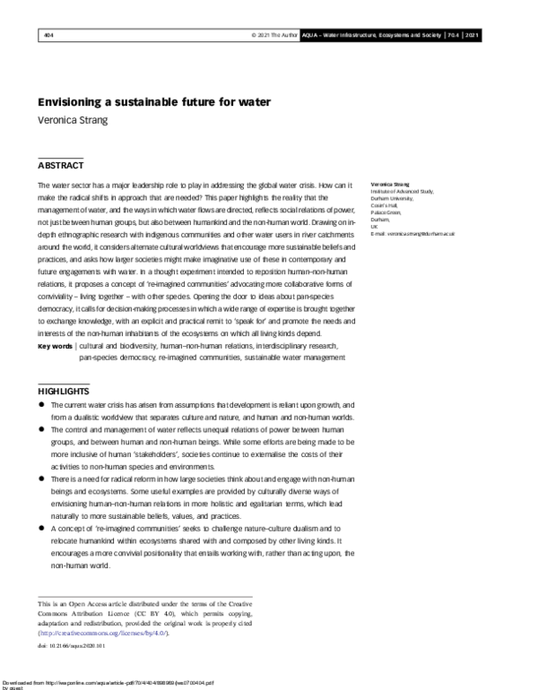 (PDF) Envisioning a sustainable future for water