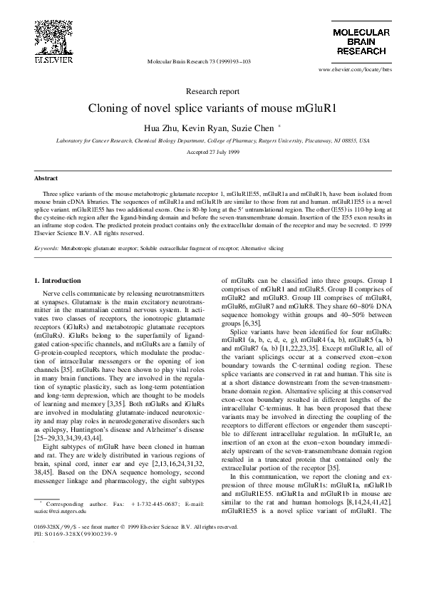 (PDF) Cloning of novel splice variants of mouse mGluR1