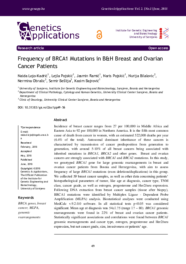 (PDF) Frequency of BRCA1 Mutations in B Breast and Ovarian Cancer Patients
