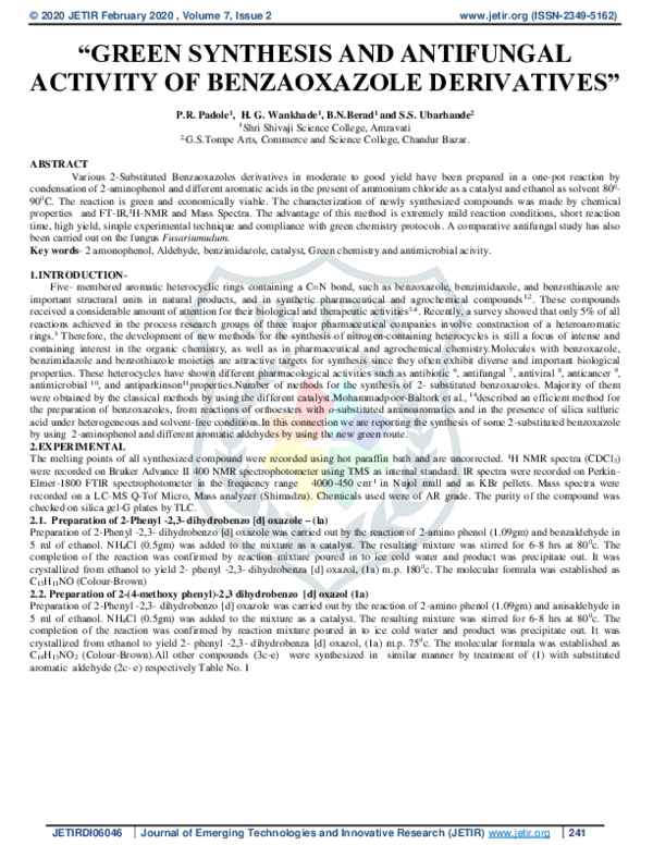 (PDF) Green Synthesis and Antifungal Activity of Benzaoxazole Derivatives