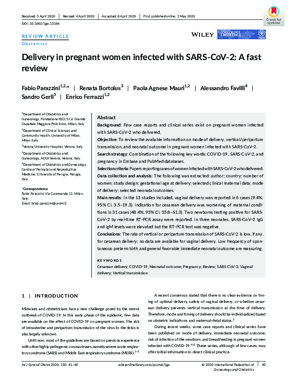(PDF) Delivery in pregnant women infected with SARS ‐CoV‐2: A fast review