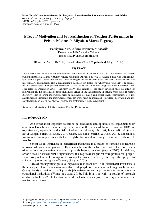 (PDF) Effect of Motivation and Job Satisfaction on Teacher Performance ...