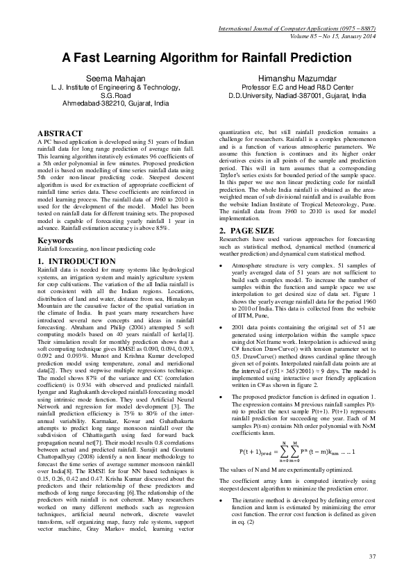 (PDF) A Fast Learning Algorithm for Rainfall Prediction
