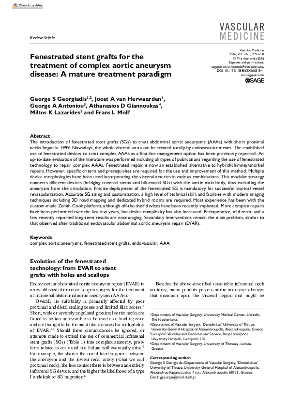 (PDF) Fenestrated stent grafts for the treatment of complex aortic ...