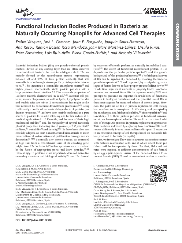 (PDF) Functional Inclusion Bodies Produced in Bacteria as Naturally ...