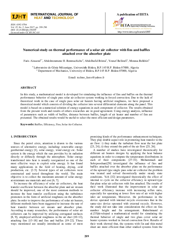 (PDF) Numerical study on thermal performance of a solar air collector ...