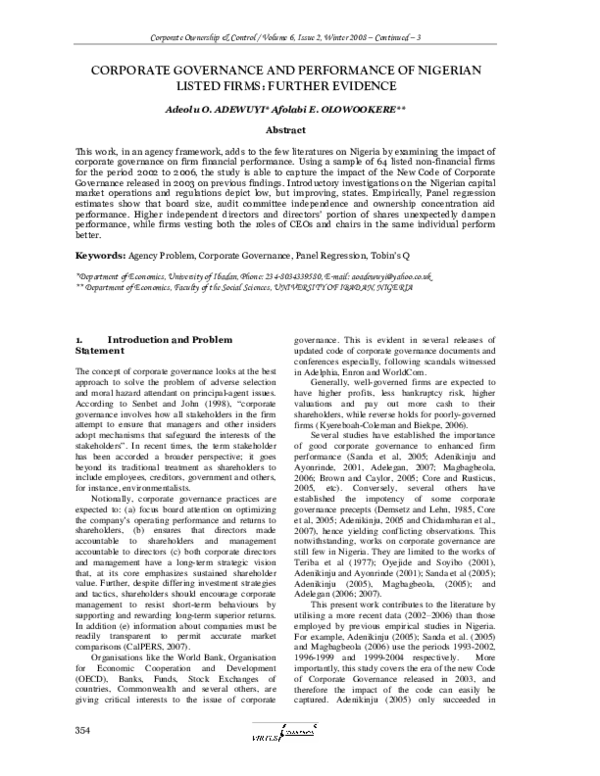 (PDF) Corporate Governance and Performance of Nigerian Deposit Money ...