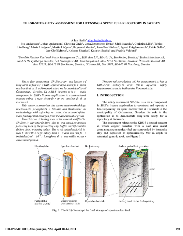 (PDF) The SR-Site safety assessment for licensing a spent muclear fuel ...