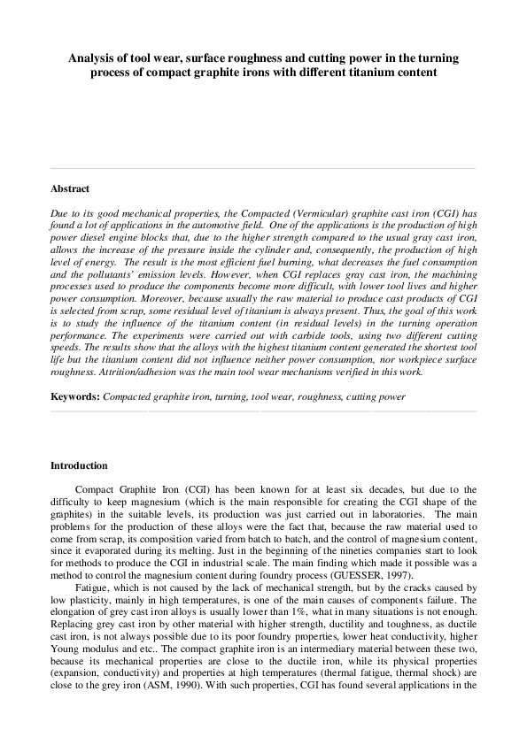 (PDF) Analysis of Tool Wear, Surface Roughness and Cutting Power in the ...