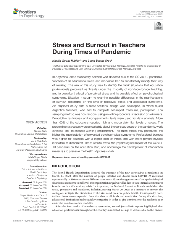 (PDF) Stress and Burnout in Teachers During Times of Pandemic