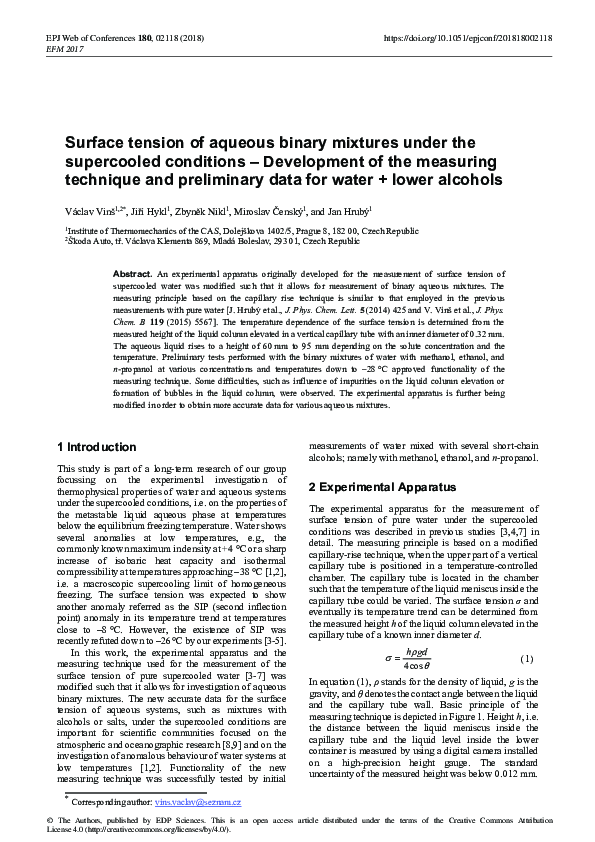 (PDF) Surface tension of aqueous binary mixtures under the supercooled ...