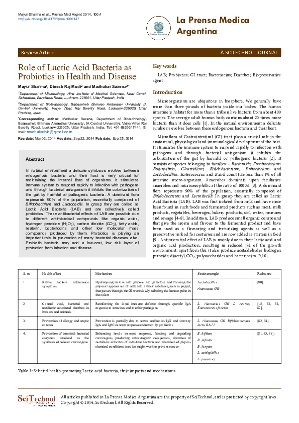 (PDF) Role of Lactic Acid Bacteria as Probiotics in Health and Disease