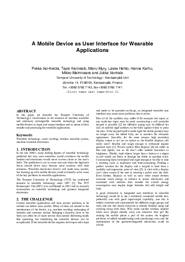 (PDF) A Mobile Device as User Interface for Wearable Applications
