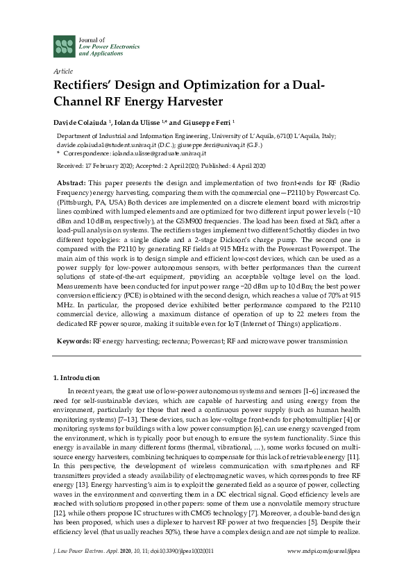 (PDF) Rectifiers’ Design and Optimization for a Dual-Channel RF Energy ...