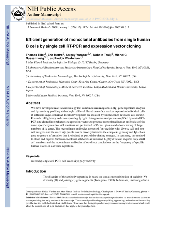 (PDF) Efficient generation of monoclonal antibodies from single human B ...