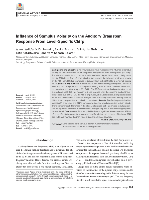 (PDF) Influence of Stimulus Polarity on the Auditory Brainstem Response ...
