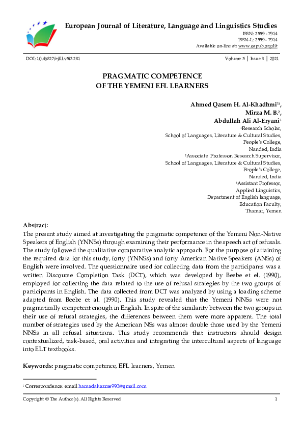 (PDF) PRAGMATIC COMPETENCE OF THE YEMENI EFL LEARNERS