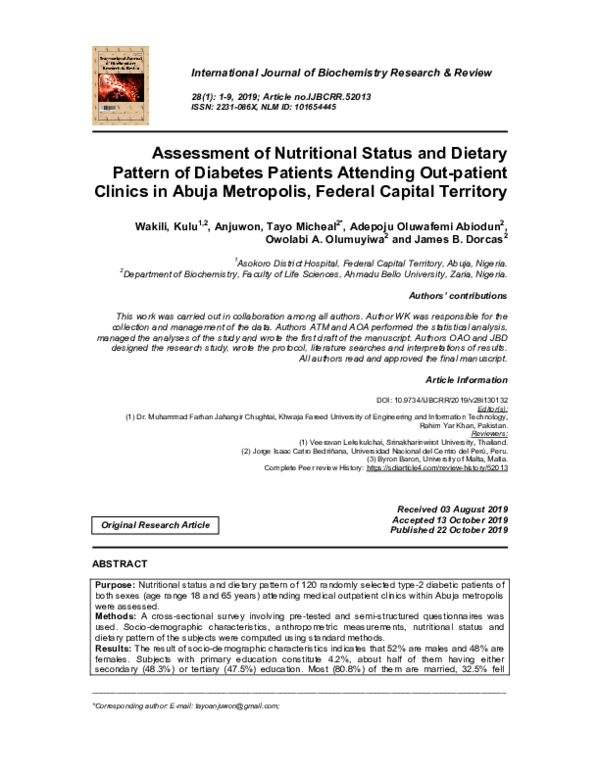 (PDF) Assessment of Nutritional Status and Dietary Pattern of Diabetes ...