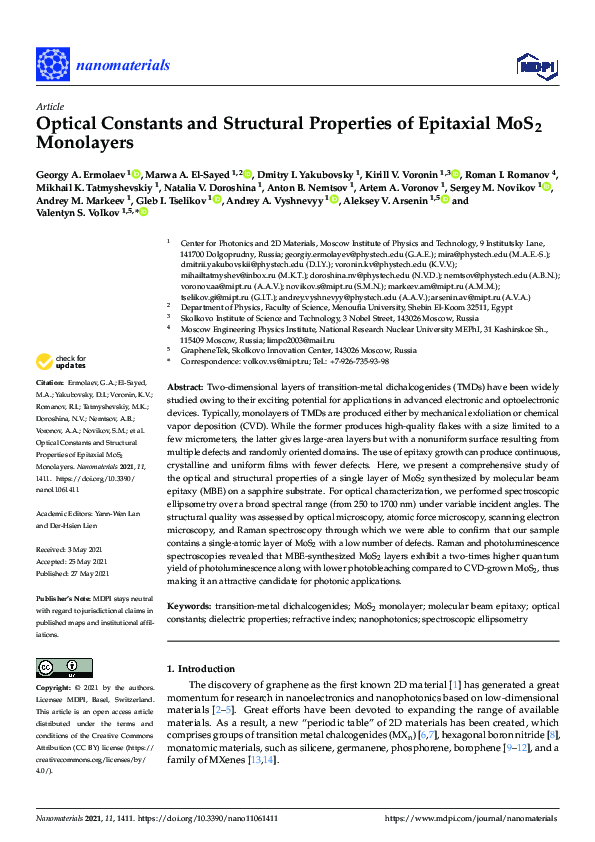 (PDF) Optical Constants and Structural Properties of Epitaxial MoS2 ...