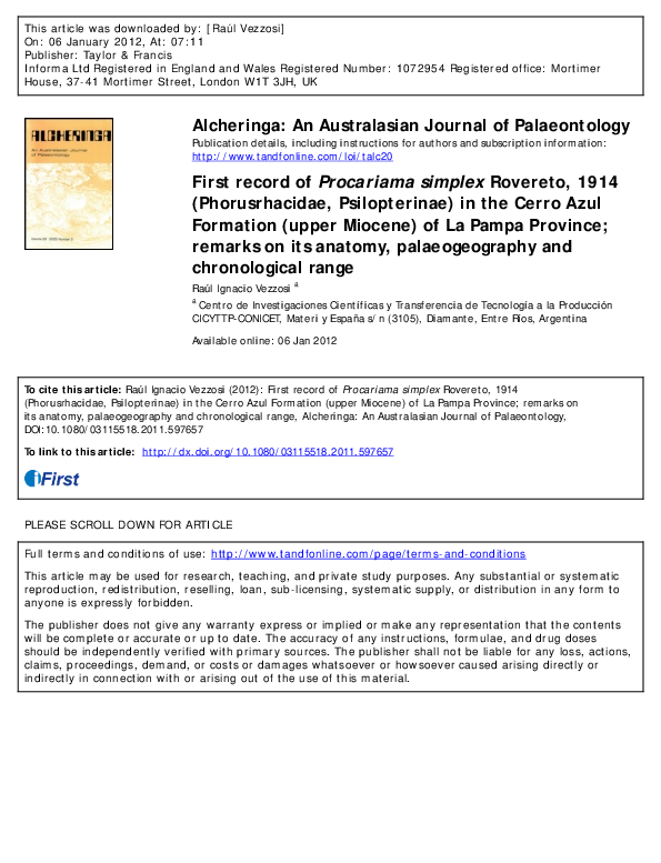 (PDF) First record of Procariama simplex Rovereto, 1914 (Phorusrhacidae ...