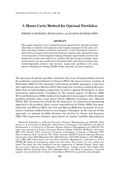 (PDF) A Monte Carlo method for optimal portfolios