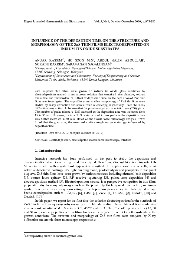 (PDF) INFLUENCE OF THE DEPOSITION TIME ON THE STRUCTURE AND MORPHOLOGY ...