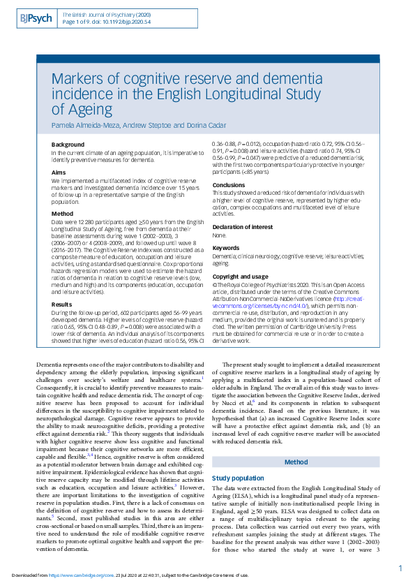 (PDF) Markers of cognitive reserve and dementia incidence in the ...