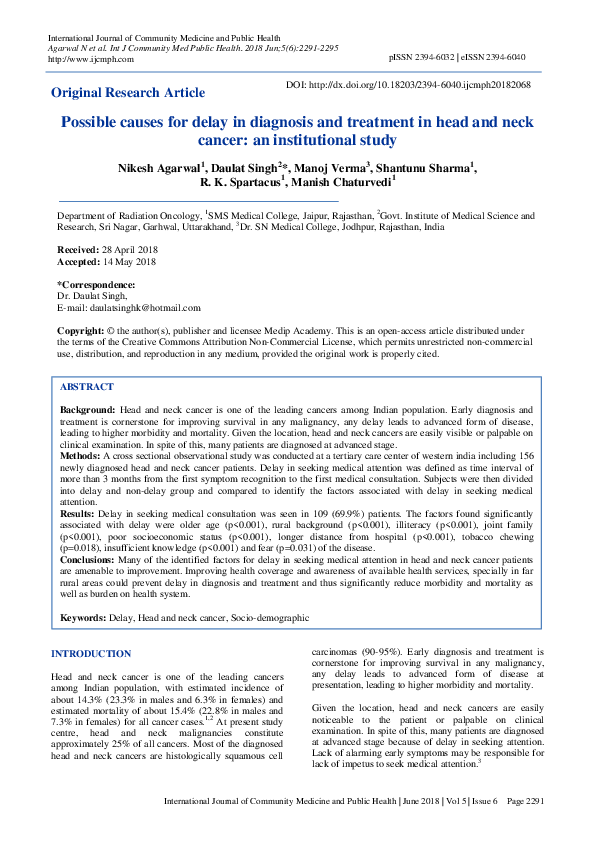 (PDF) Possible causes for delay in diagnosis and treatment in head and ...