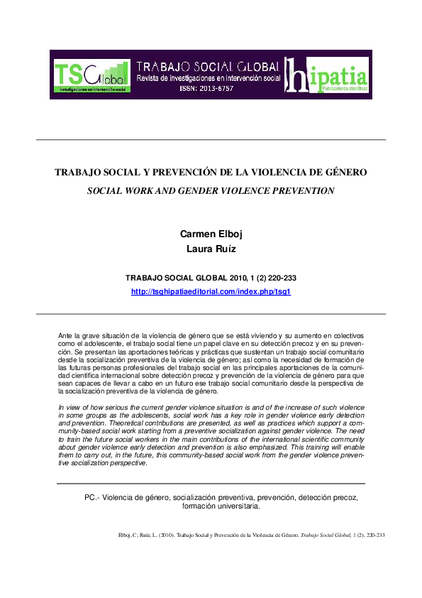 (PDF) Trabajo Social y Prevención De La Violencia De Género