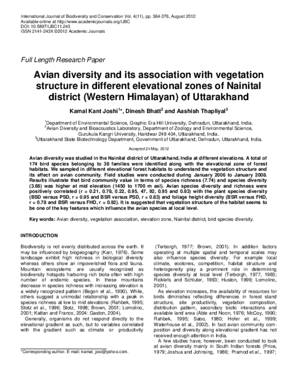 (PDF) Avian diversity and its association with vegetation structure in ...
