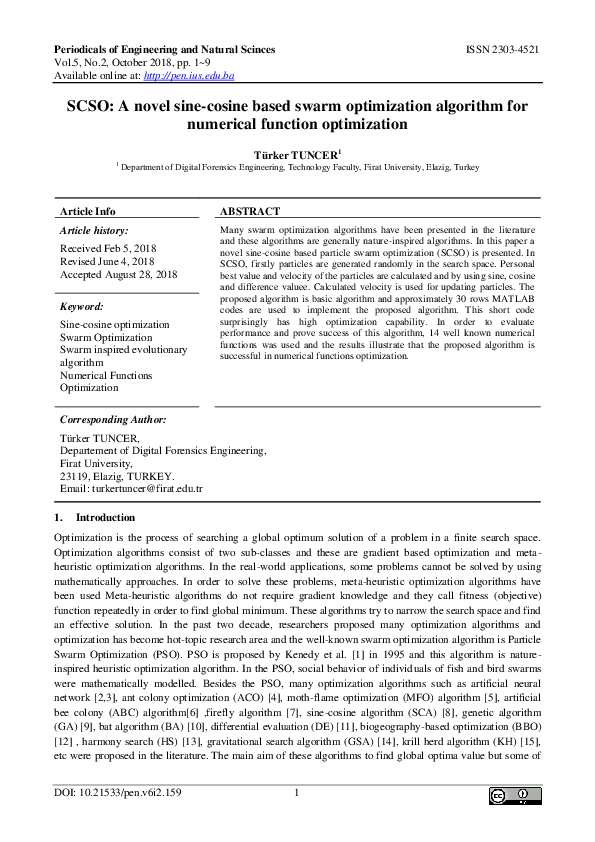 (PDF) SCSO: A novel sine-cosine based swarm optimization algorithm for ...