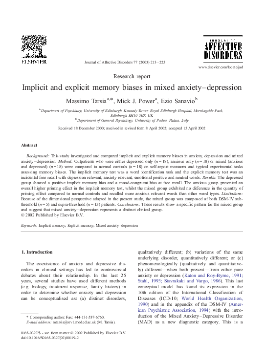 (PDF) Implicit and explicit memory biases in mixed anxiety-depression