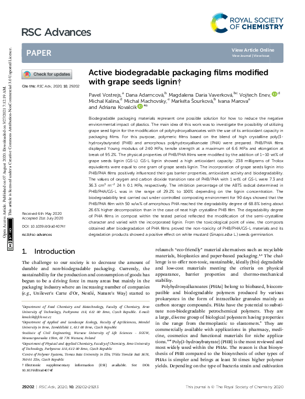 (PDF) Active biodegradable packaging films modified with grape seeds lignin