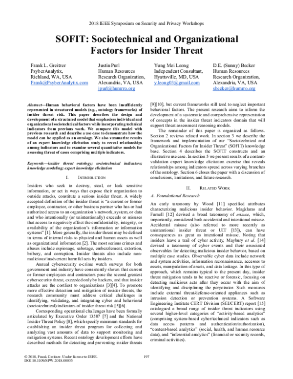 (PDF) SOFIT: Sociotechnical and Organizational Factors for Insider Threat