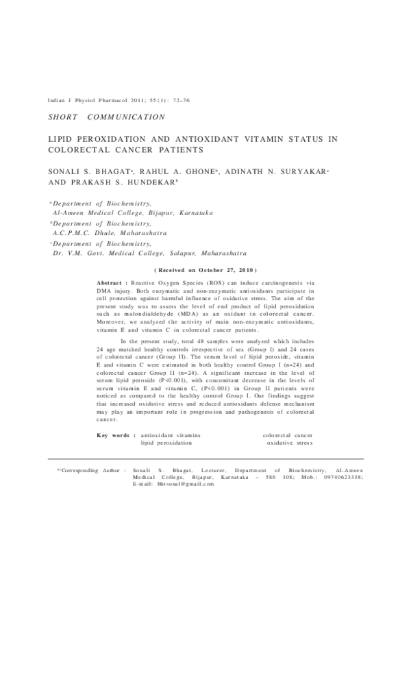 (PDF) Lipid peroxidation and antioxidant vitamin status in colorectal ...