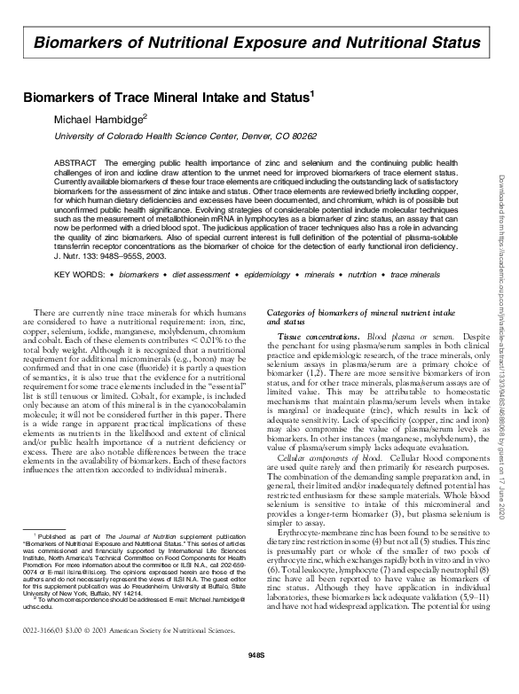 (PDF) Biomarkers of trace mineral intake and status