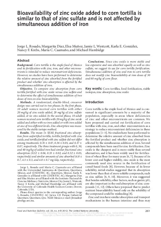 (PDF) Bioavailability of zinc oxide added to corn tortilla is similar to that of zinc sulfate