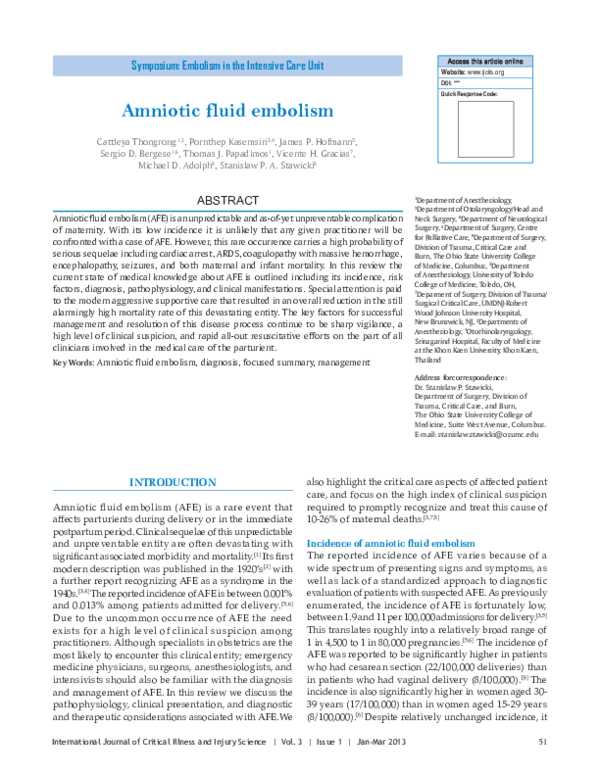 (PDF) Embolism in the Intensive Care Unit: Amniotic fluid embolism